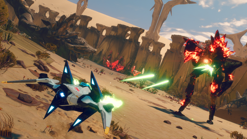 Star Fox’s Arwing in action against an enemy in this PR shot from the Switch version of the unexpectedly interesting Starlink.